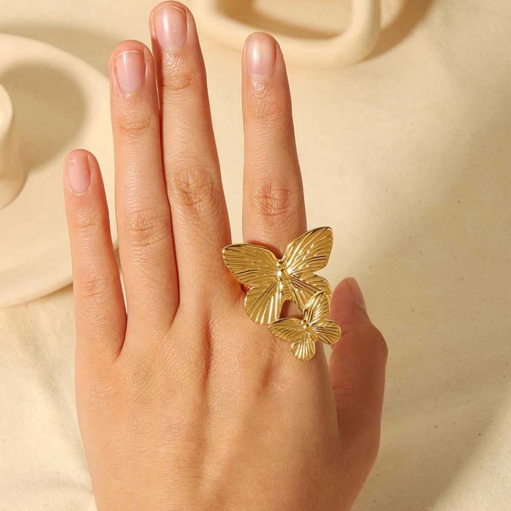 18K GOLD PLATED STAINLESS STEEL "BUTTERFLIES" FINGER RING, INTENSITY